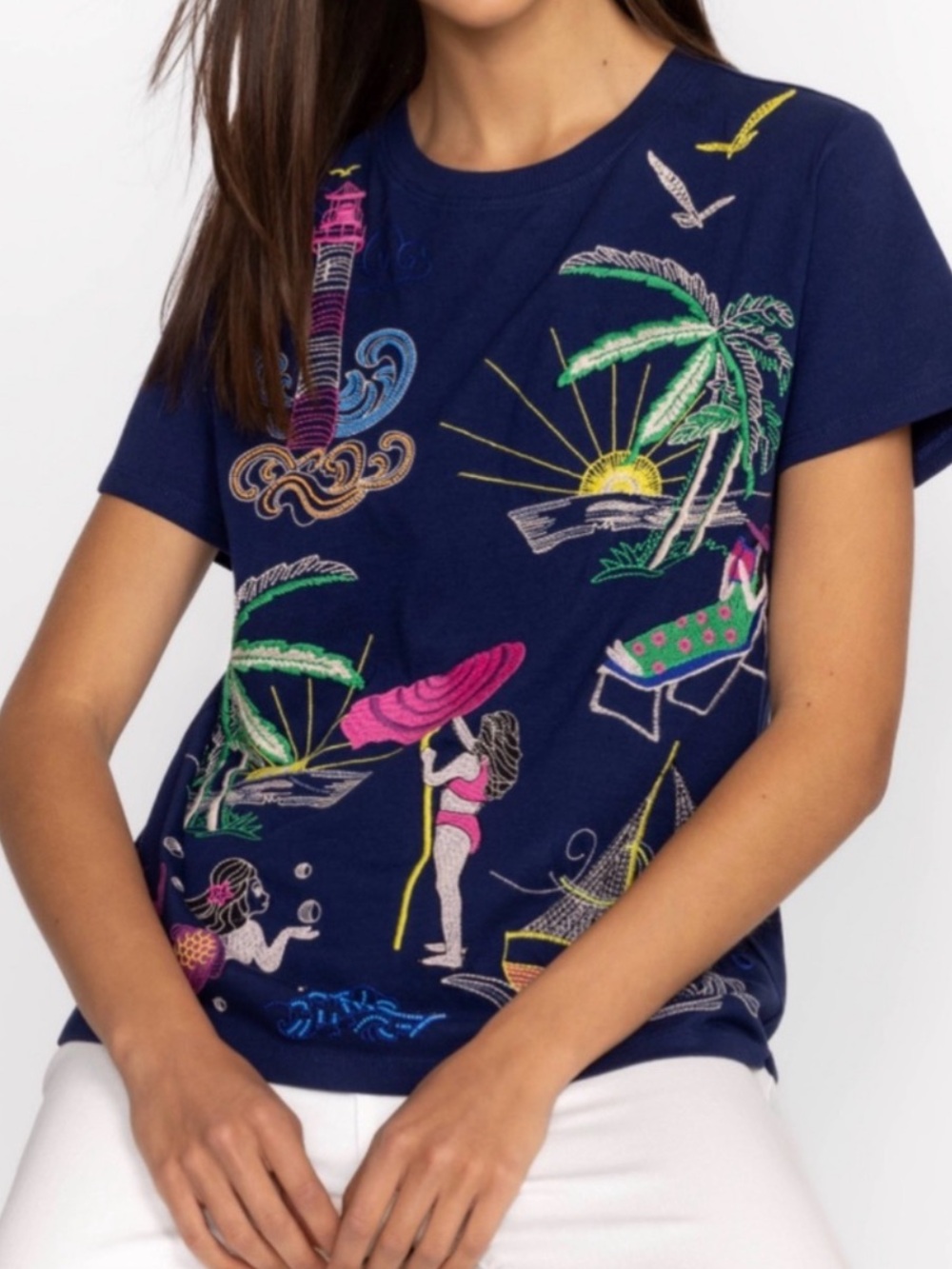 Johnny Was Navy Short Sleeve Travel Beach Scene Embroidered Tee